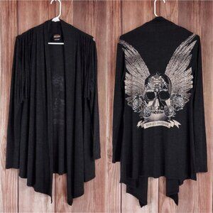 Harley Davidson Womens Size S/M Fringed Embellished Onyx Skull LS Cardigan Gray